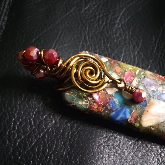 Handmade Jewelry - Wire Wrapped Multi-Color Sea Sediment Jasper Pendant - Embellished Fall Jewelry